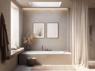 A bathroom with a bathtub and a shower. The shower curtain is white. There is a vase with flowers on a window sill