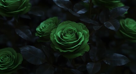Four green roses in bloom with dark leaves, close-up shot with dramatic lighting and black background