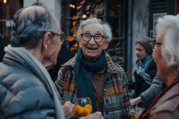 senior couple talking and smiling while sitting at table in street cafe