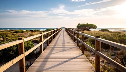 Fototapeta premium Wooden boardwalk to beach sunset.