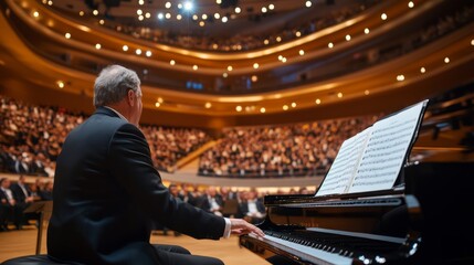 Classical music concert with pianist performing on grand piano, audience seated in semicircle in elegant hall