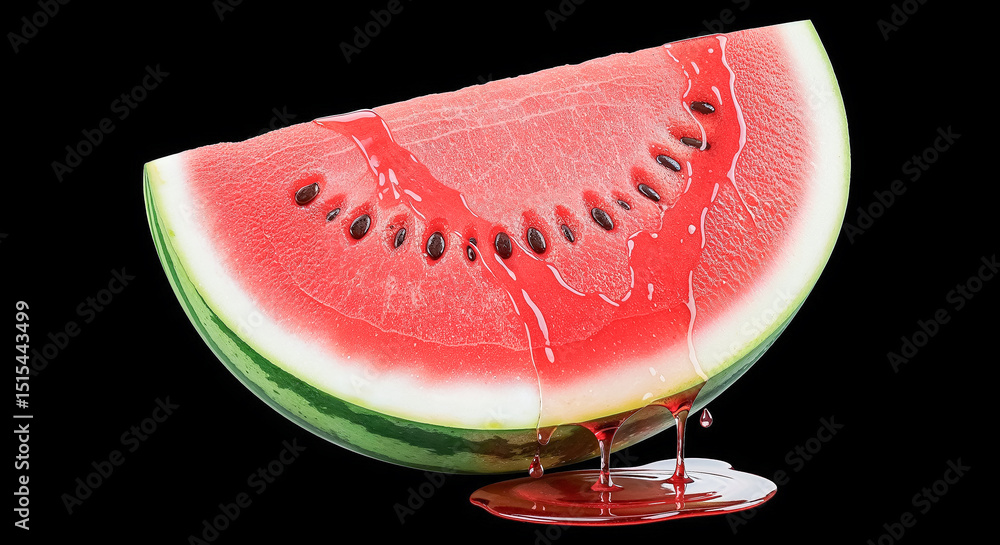 Poster slice of ripe watermelon dripping with refreshing juice on black background