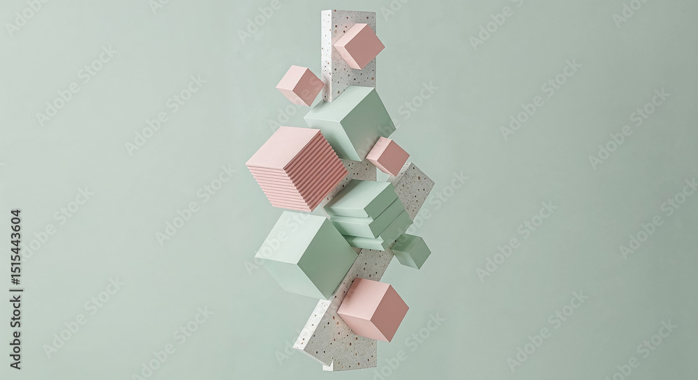 Poster Pink and green geometric shapes balancing on terrazzo slabs creating a modern abstract composition