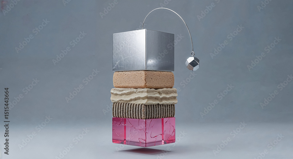 Poster Floating stack of different materials balancing a metal cube and sphere