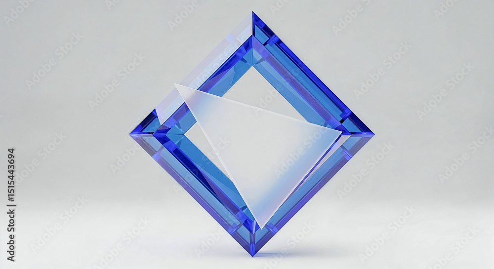 Poster Blue glass rhombus overlapping white triangle creating abstract geometric shape