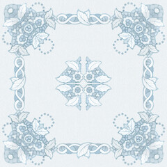 Square seamless pattern, wallpaper with hand embroidered white vintage napkin ornament in art nouveau style. Watercolor hand drawn illustration on a light blue watercolor background