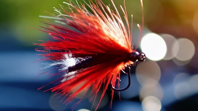 Close-up of a vibrant red and white fly fishing lure with hook against a blurred bokeh background in natural light.