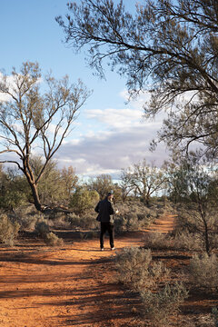 Middle aged man walking alone along a path in the outdoors and nature of outback of New South Wales, Australia. 