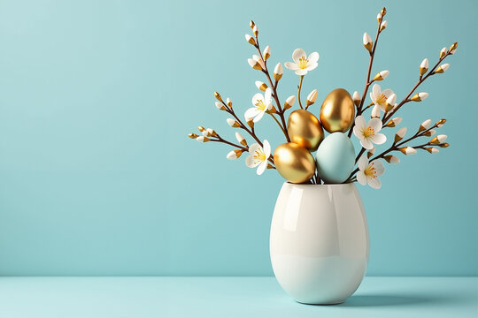 Osterdekoration mit goldenen Eiern und Kirschbl&uuml;ten, in moderner Vase, mit pastellfarbenem Hintergrund und Platz f&uuml;r Text
