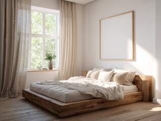 A bed with a white comforter and pillows. A window is open and a potted plant is on the windowsill