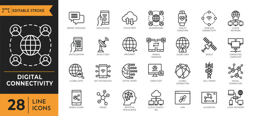 Digital connectivity outline icon set.  Editable stroke. vector illustration