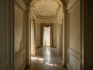 Fototapeta premium A long hallway with a window and a door. The window is open and the curtains are drawn