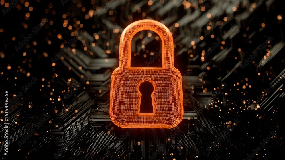 Aufkleber cybersecurity digital lock orange glowing network protection data safety secure technology abstract 