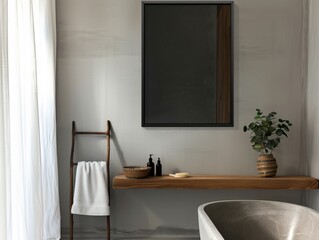 A bathroom with a black framed mirror and a wooden shelf. A vase with a plant on it sits on the shelf