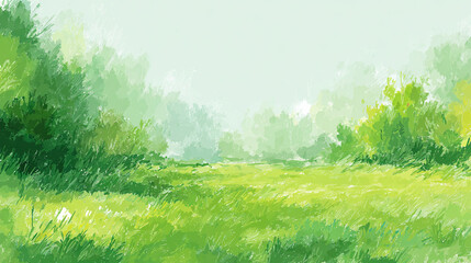 柔らかなタッチで描かれた緑の草原と森の風景
