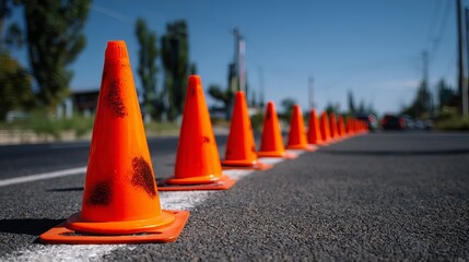Bright Orange Traffic Cones Line Asphalt Road Safety Construction Zone Warning Alert Security Highway Driving Transportation Infrastructure Project Roadwork Maintenance path signs 