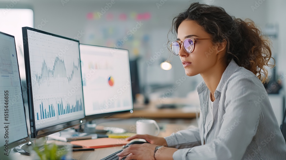 Poster focused businesswoman analyzing data charts graphs on multiple computer screens modern office workpl