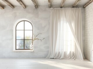 A white room with a window and a curtain. The curtain is open and the window is letting in sunlight