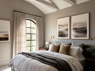 A large bed with a brown blanket and pillows. The bed is in a room with a window and a wall with pictures