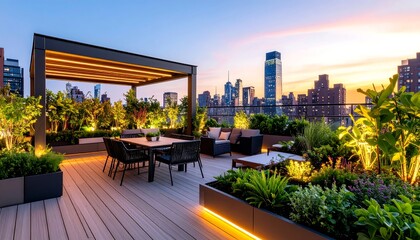 Obraz premium Rooftop Garden Cityscape Sunset.
