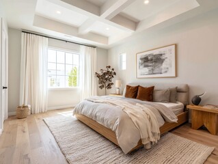 A large bed with a white comforter and a brown throw blanket. A white rug is on the floor