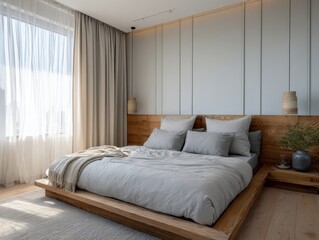 A bed with a white comforter and pillows. The bed is on a wooden platform