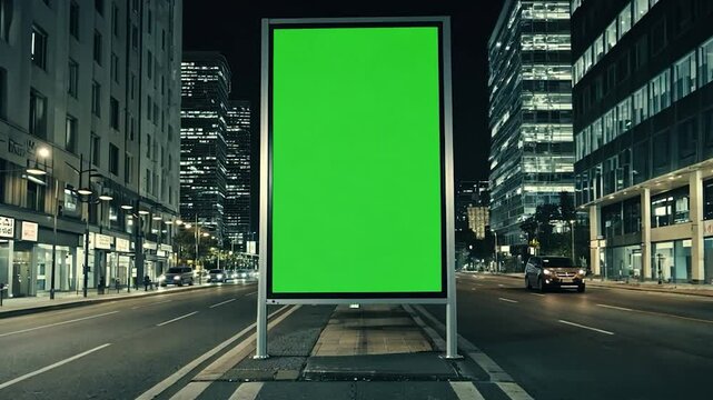Nighttime city street scene with a large green screen advertisement billboard