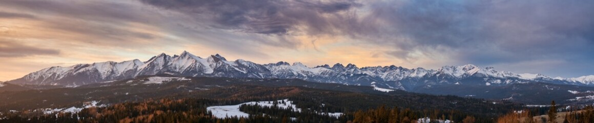 Tatras mounains at sunrise seen from Lapszanka village in Poland