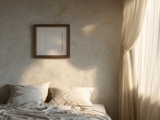 A bed with white pillows and a white curtain. A framed picture is on the wall