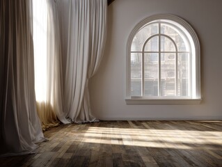 A large window with white curtains in front of it. The curtains are open and the room is very bright