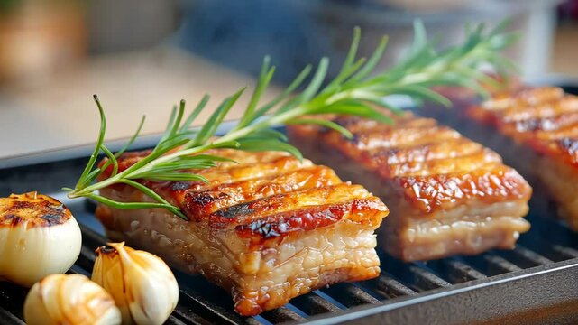 Grilled pork belly sizzling with rosemary garnish and roasted garlic