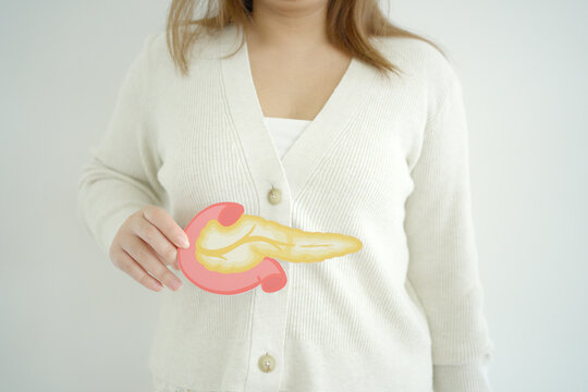 Woman hands holding pancreas, pancreatitis and pancreatic cancer concept
