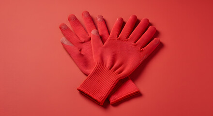 Crimson red gardening gloves placed neatly on solid red surface. Product packaging, gardening safety, retail displays, eco brand visuals, home improvement.