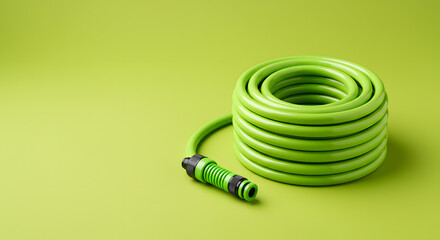 Lime green garden hose coiled neatly on lime green background. Watering system, summer garden, visual unity, outdoor lifestyle, clean product shoot.