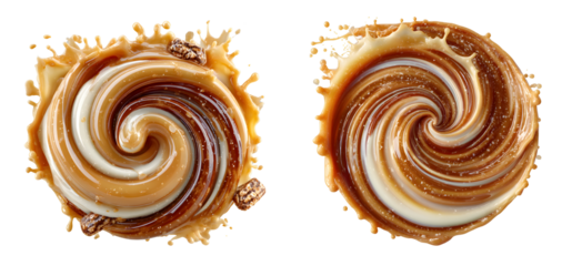 Caramel and chocolate sauce swirl splash, isolated on transparent background, creating a delicious and visually appealing dessert element