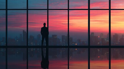 Silhouette Businessman Cityscape Sunset View Window Office Success Ambition Corporate Modern Building Reflection Evening Dramatic Sky Urban Landscape Professional Achievement work 