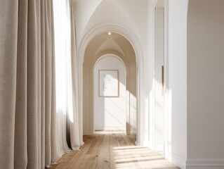 A long hallway with a white wall and a tan curtain. The curtain is hanging from the ceiling