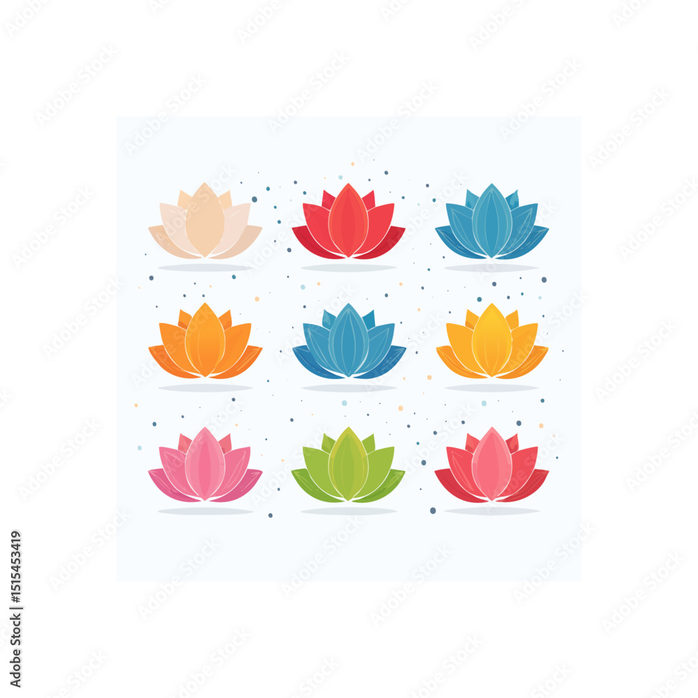 Poster colorful lotus flowers arranged in a grid pattern with decorative dots around