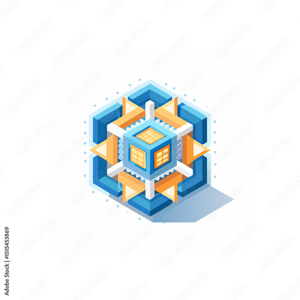 Poster isometric illustration of a complex cube structure with light effects