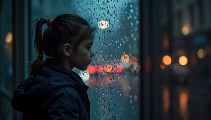A girl stares out a rainstreaked window city lights blurred in the background wearing a dark coat