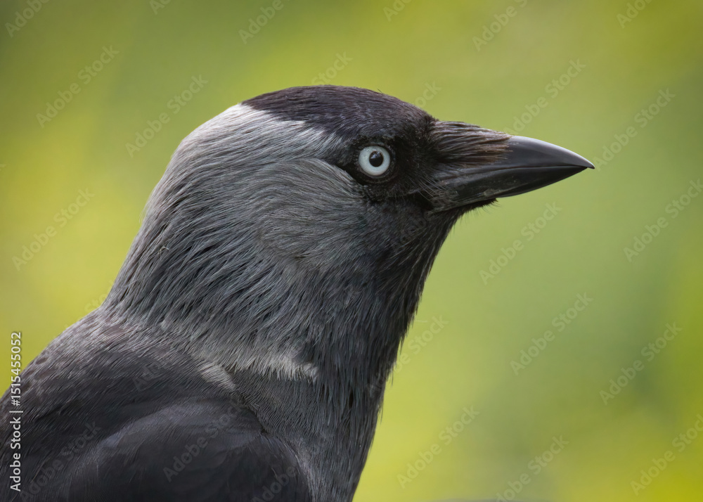 Poster a very close up detailed image of the head of a jackdaw, coloeus monedula, as it stares to the right