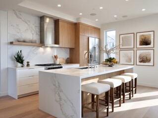 A kitchen with a marble countertop and white cabinets. A refrigerator is in the background. A potted plant is on the counter. A vase with flowers is on the counter. A bowl with fruit is on the counter