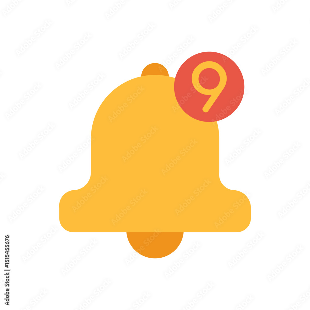 Poster flat design bell symbol with circular red notification mark indicating nine pending alerts or remind