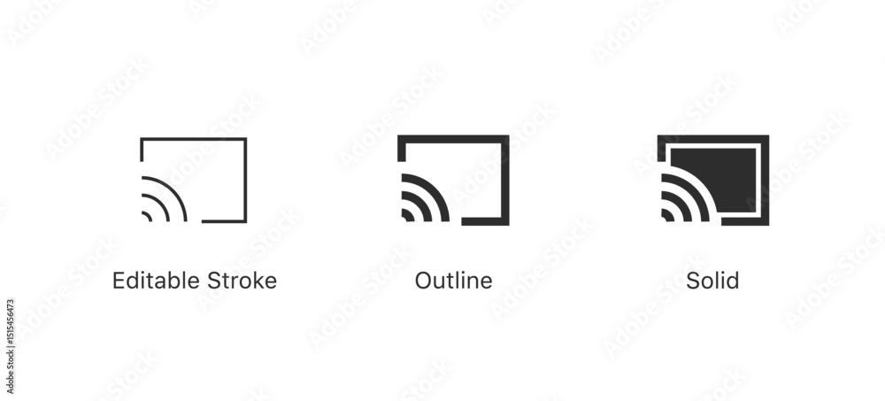 Poster Screencast icons. Set of minimalist screen cast icons in editable stroke, outline, and solid styles. Ideal for UI/UX design, apps, and smart device interfaces