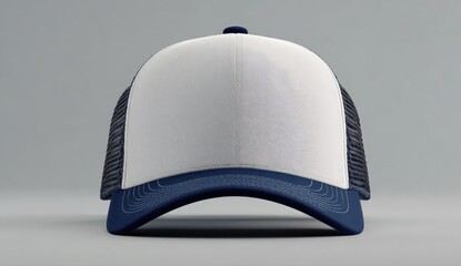 White and navy blue trucker hat, front view, clean design, mesh back