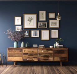 A rustic wooden console sits beneath a gallery wall of framed botanical prints and photographs against a deep blue wall