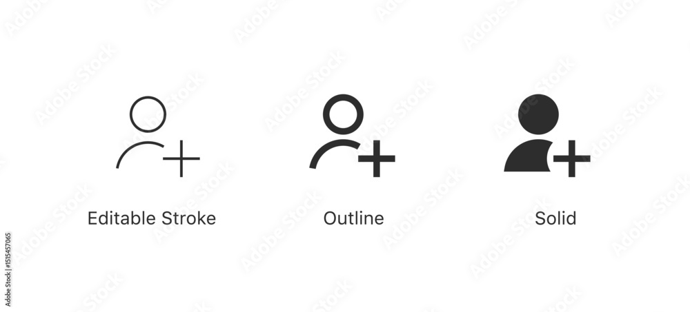 Poster Add friend icon. New user icon with plus symbol. Set of minimalist add user icons in editable stroke, outline, and solid styles. Perfect for UI/UX design, apps, websites and user registration
