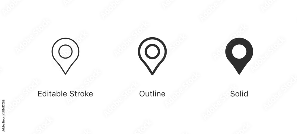 Poster location pin icon in editable stroke, outline, and filled styles. for navigation, maps and geolocation designs in apps, websites and user interfaces