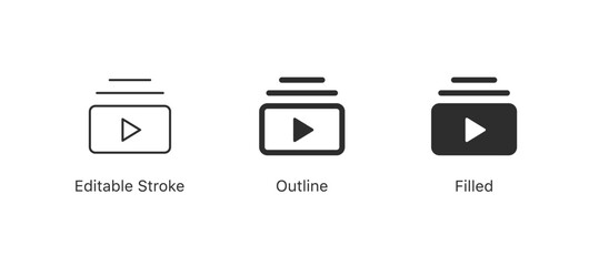 Video playlist icon. Set of minimalist video play icons in editable stroke, outline, and filled styles. Perfect for UI/UX design, apps, websites and multimedia projects