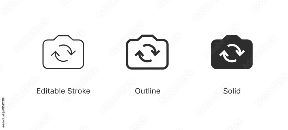 Aufkleber Switch camera flip icon with swap arrows symbol. Set of minimalist camera switch icons in editable stroke, outline, and solid styles. Ideal for UI/UX design, apps and photography interfaces